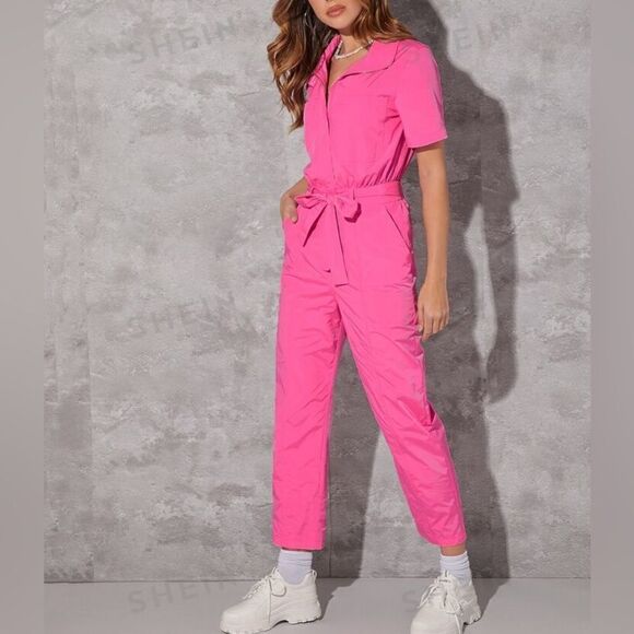 SHEIN Pants - SHEIN Haute Zip Front Belted Jumpsuit Pink Sz S